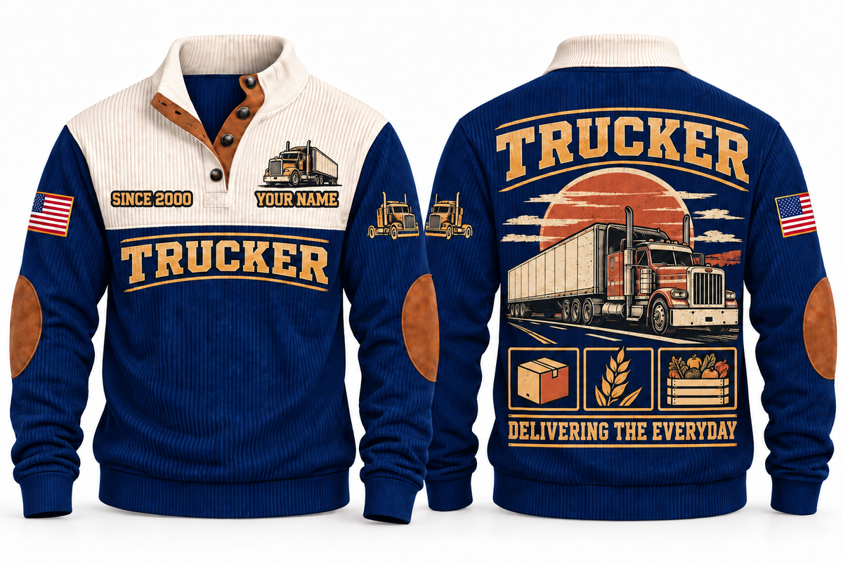TRK03 Personalized Trucker Freight Moves Forward Sports Sweatshirt in Navy, front and back