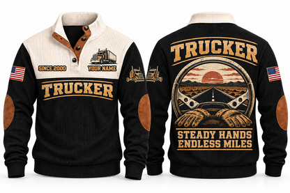 TRK04 Personalized Trucker Steady Hands Open Road Sports Sweatshirt in Black, front and back