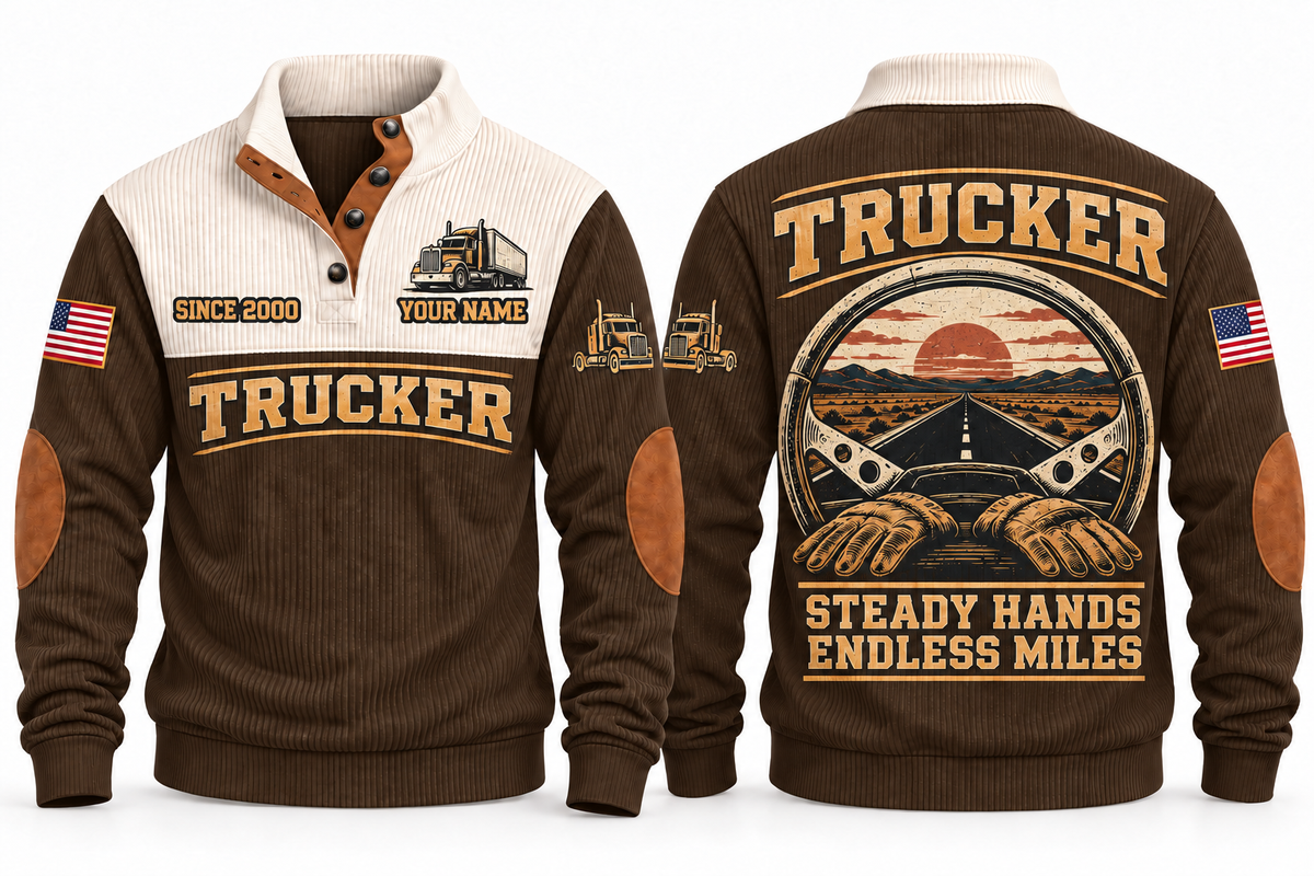 TRK04 Personalized Trucker Steady Hands Open Road Sports Sweatshirt in Brown, front and back