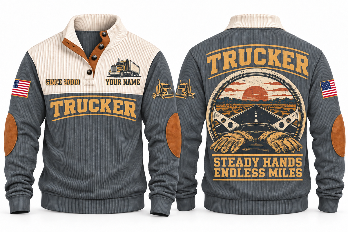 TRK04 Personalized Trucker Steady Hands Open Road Sports Sweatshirt in Grey, front and back
