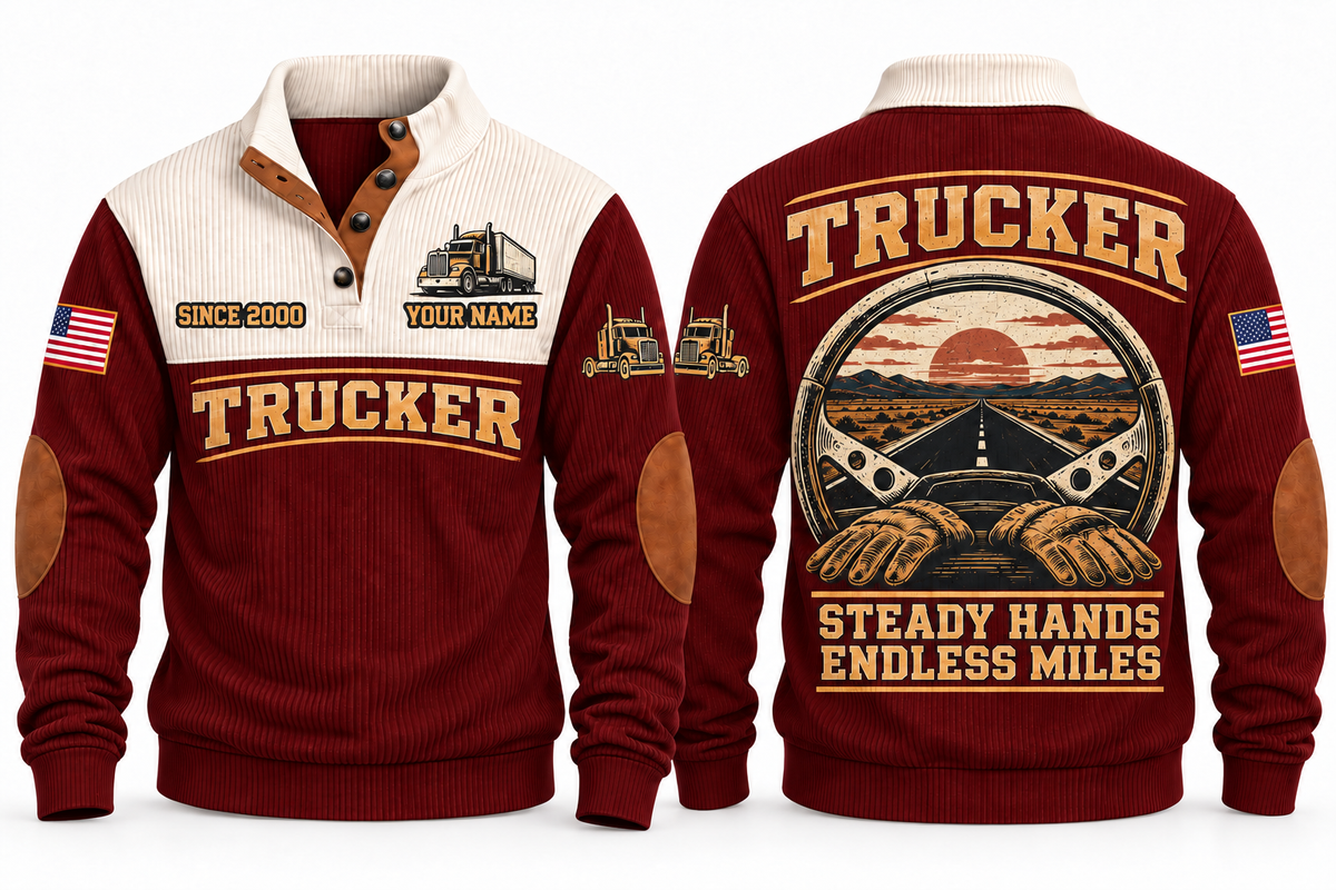 TRK04 Personalized Trucker Steady Hands Open Road Sports Sweatshirt in Jujube Red, front and back