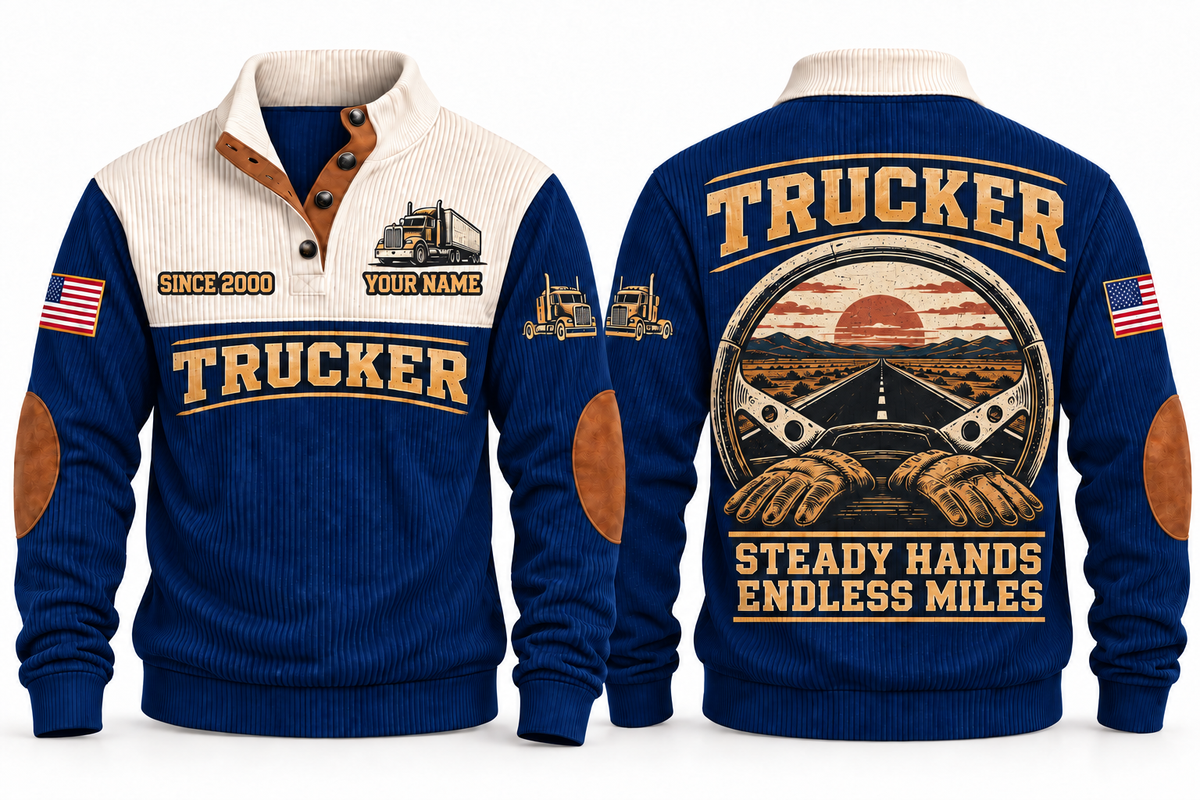 TRK04 Personalized Trucker Steady Hands Open Road Sports Sweatshirt in Navy, front and back