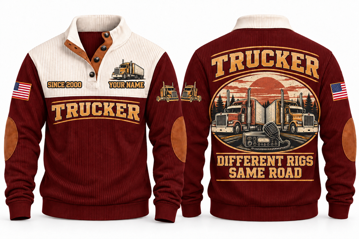 TRK05 Personalized Trucker Road Crew Connection Sports Sweatshirt in Jujube Red, front and back