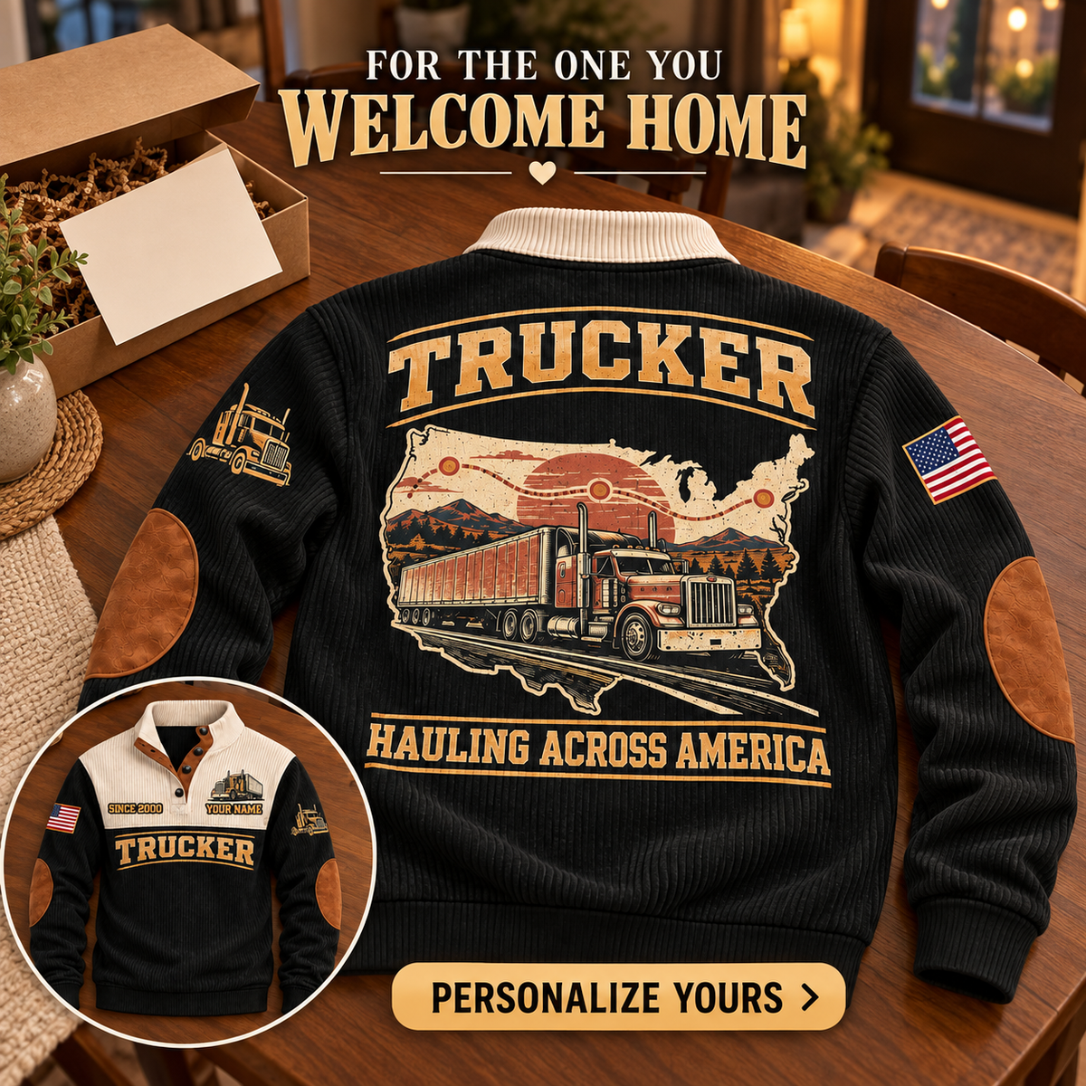Personalized Trucker Black sports sweatshirt. FOR THE ONE YOU WELCOME HOME. Flat printed artwork.