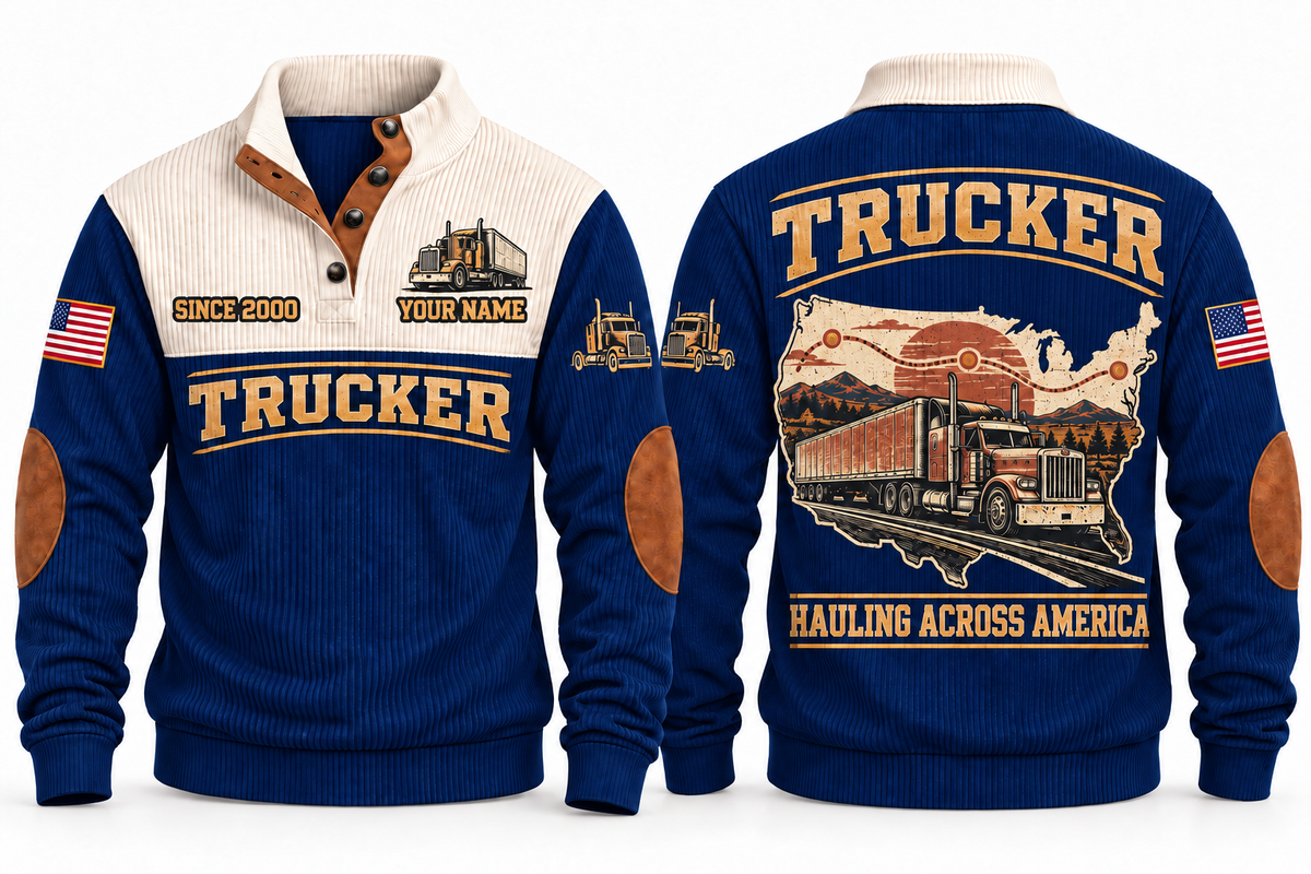 Trucker TRK06 sports sweatshirt navy, front and back with flat printed artwork