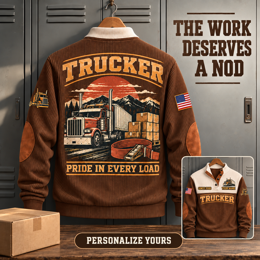 Personalized Trucker Brown sports sweatshirt. THE WORK DESERVES A NOD. Flat printed artwork.