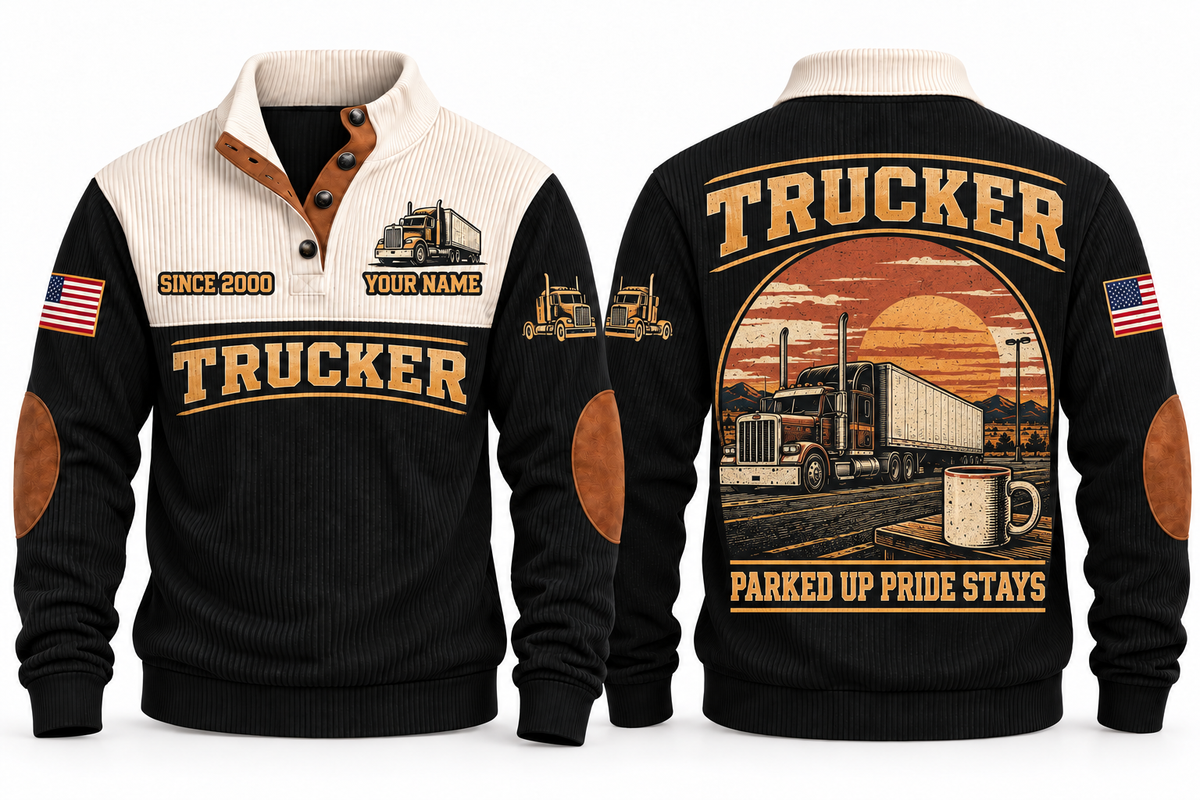 Trucker TRK08 sports sweatshirt black, front and back with flat printed artwork