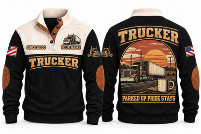 Trucker TRK08 sports sweatshirt black, front and back with flat printed artwork