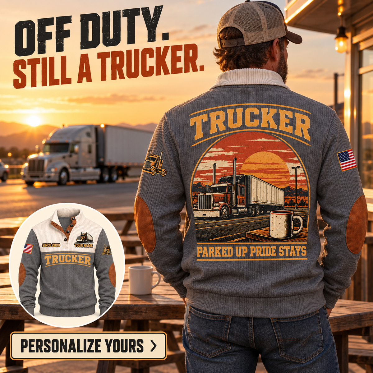 Personalized Trucker Grey sports sweatshirt. OFF DUTY. STILL A TRUCKER.. Flat printed artwork.