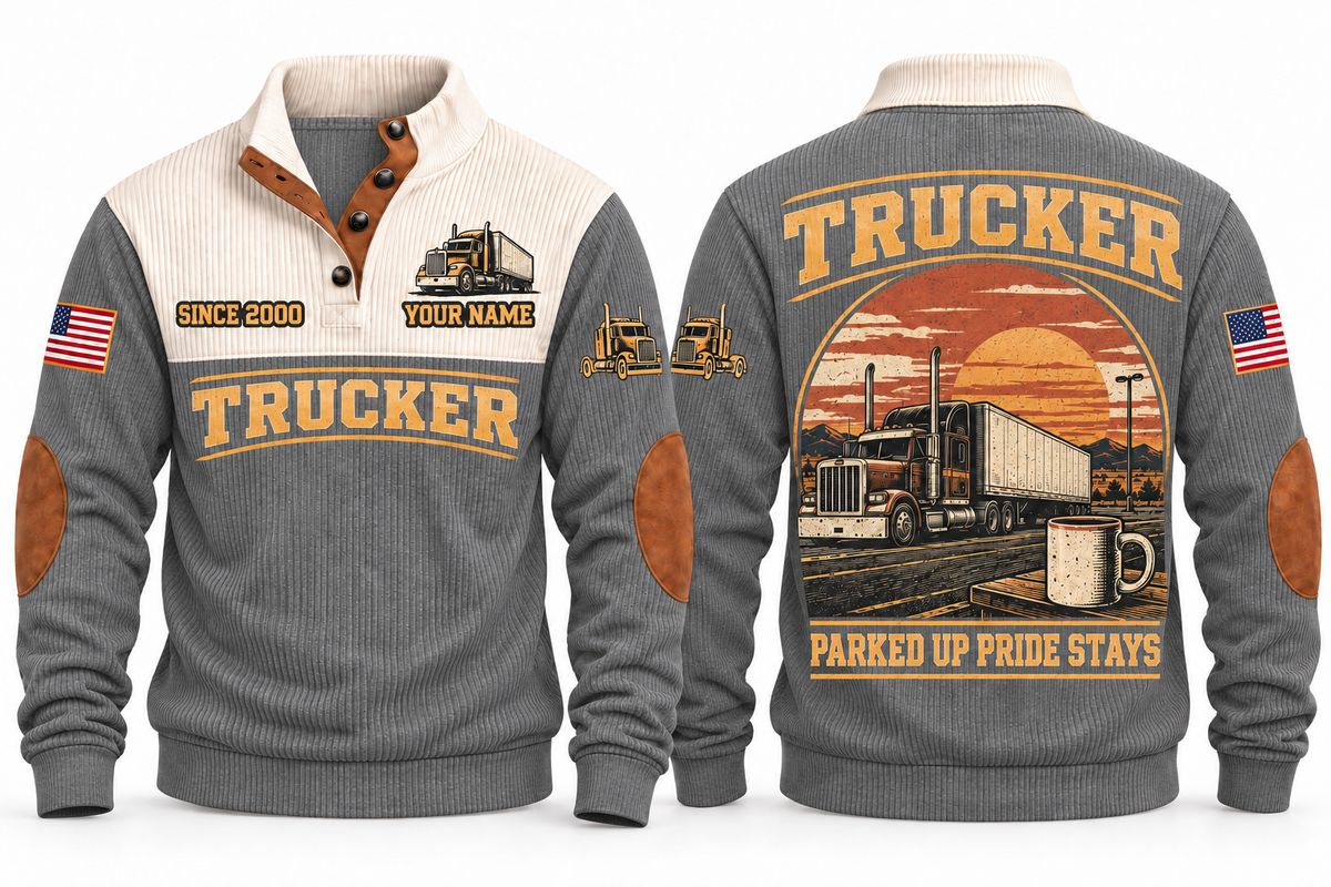 Trucker TRK08 sports sweatshirt grey, front and back with flat printed artwork