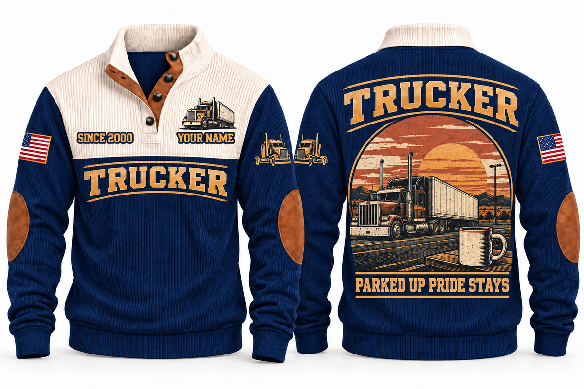 Trucker TRK08 sports sweatshirt navy, front and back with flat printed artwork
