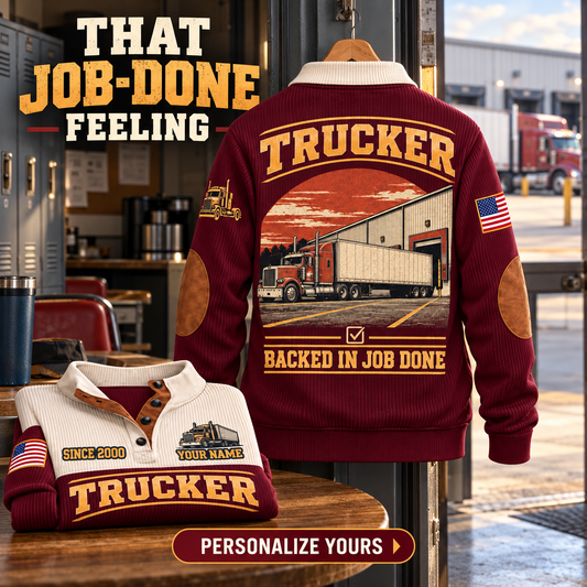 Personalized Trucker Jujube Red sports sweatshirt. THAT JOB-DONE FEELING. Flat printed artwork.
