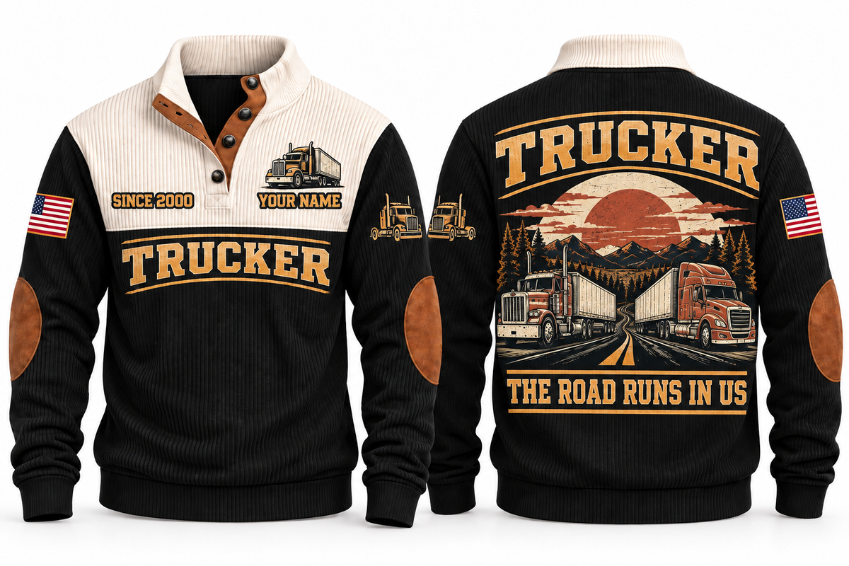 Trucker TRK10 sports sweatshirt black, front and back with flat printed artwork