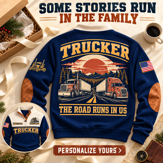 Personalized Trucker Navy sports sweatshirt. SOME STORIES RUN IN THE FAMILY. Flat printed artwork.
