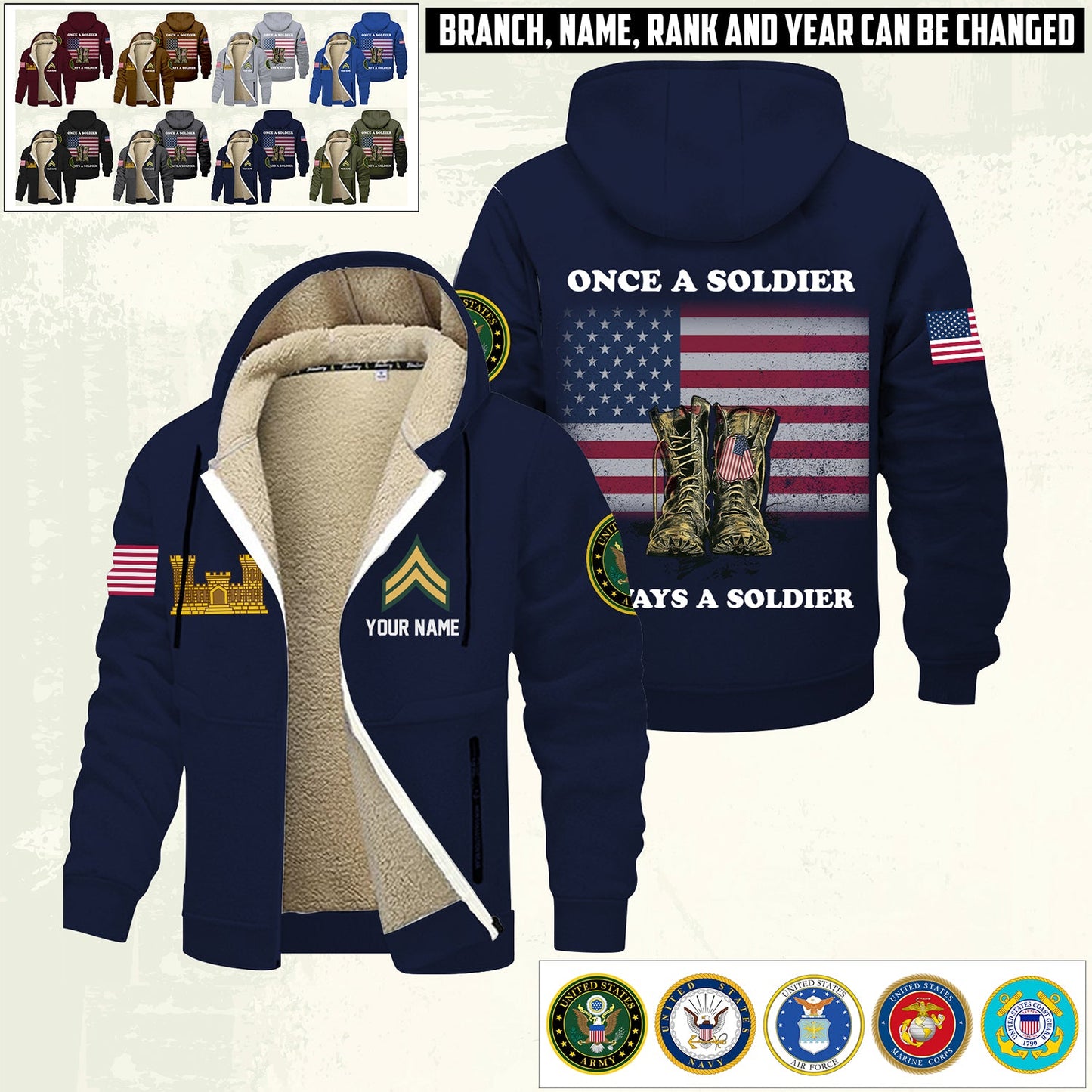 Army Branch - Personalized US Soldier/ Veteran With Name And Rank Hoodie Zip Velvet Coat - 17362944