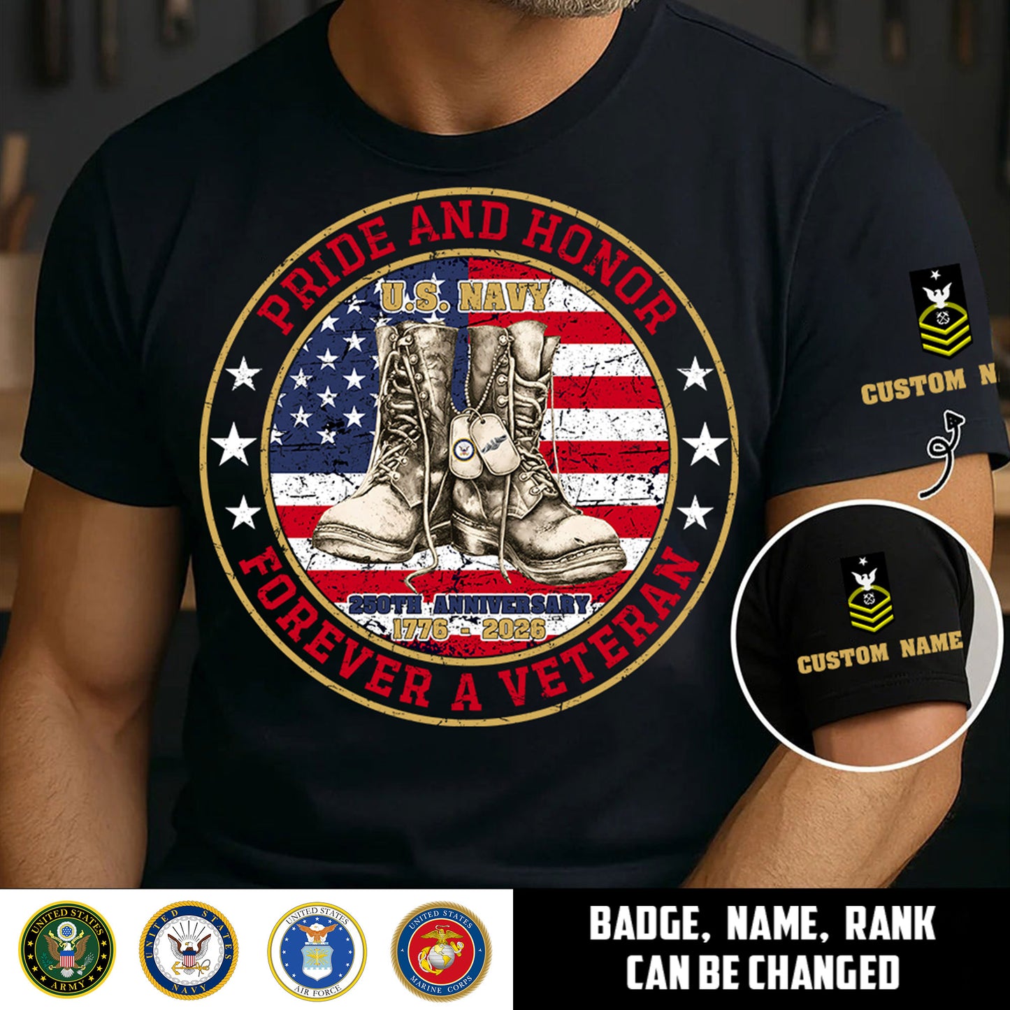 Navy Badge - Pride And Honor Forever A Veteran - Personalized Shirt, Custom Military Unit Branch Shirt, 250th USA Tee, Independence Day Shirt - 17772480
