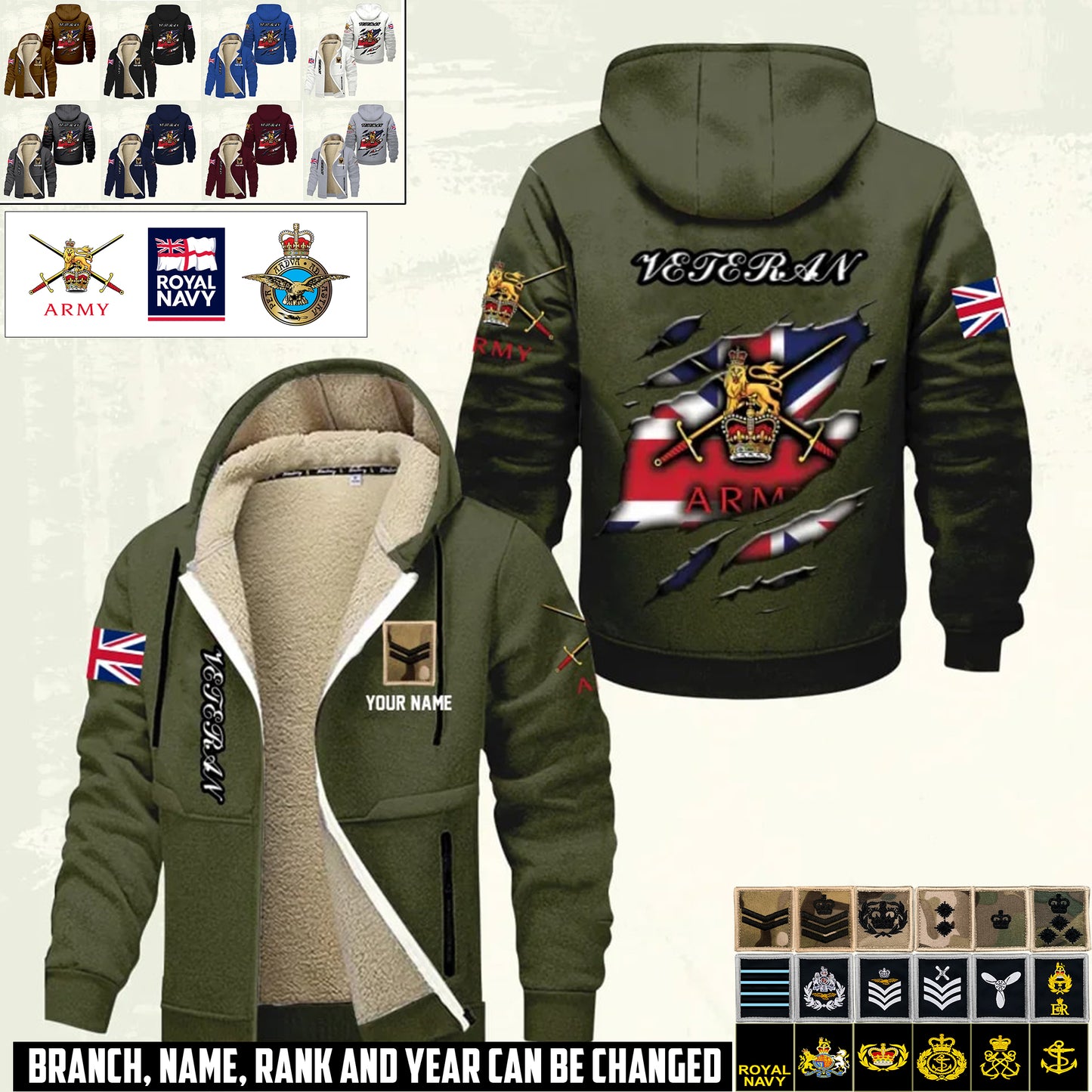 Personalized UK Soldier/ Veteran With Name And Rank Hoodie Zip Velvet Coat - 17367264