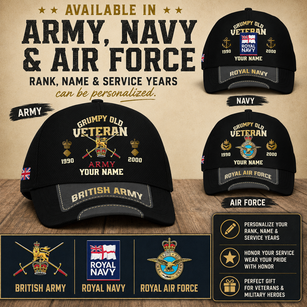 UK Veteran Hat – Personalized with Rank, Name and Year  - 1757376005
