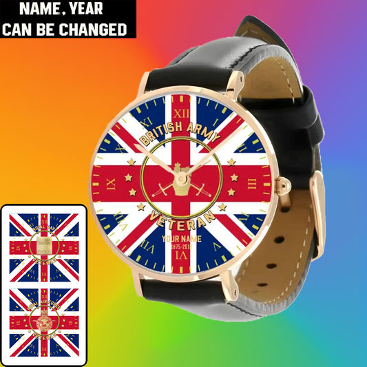 Personalized UK Soldier/ Veteran With Name And Year Black Stitched Leather Watch - 0204240001 - Gold Version
