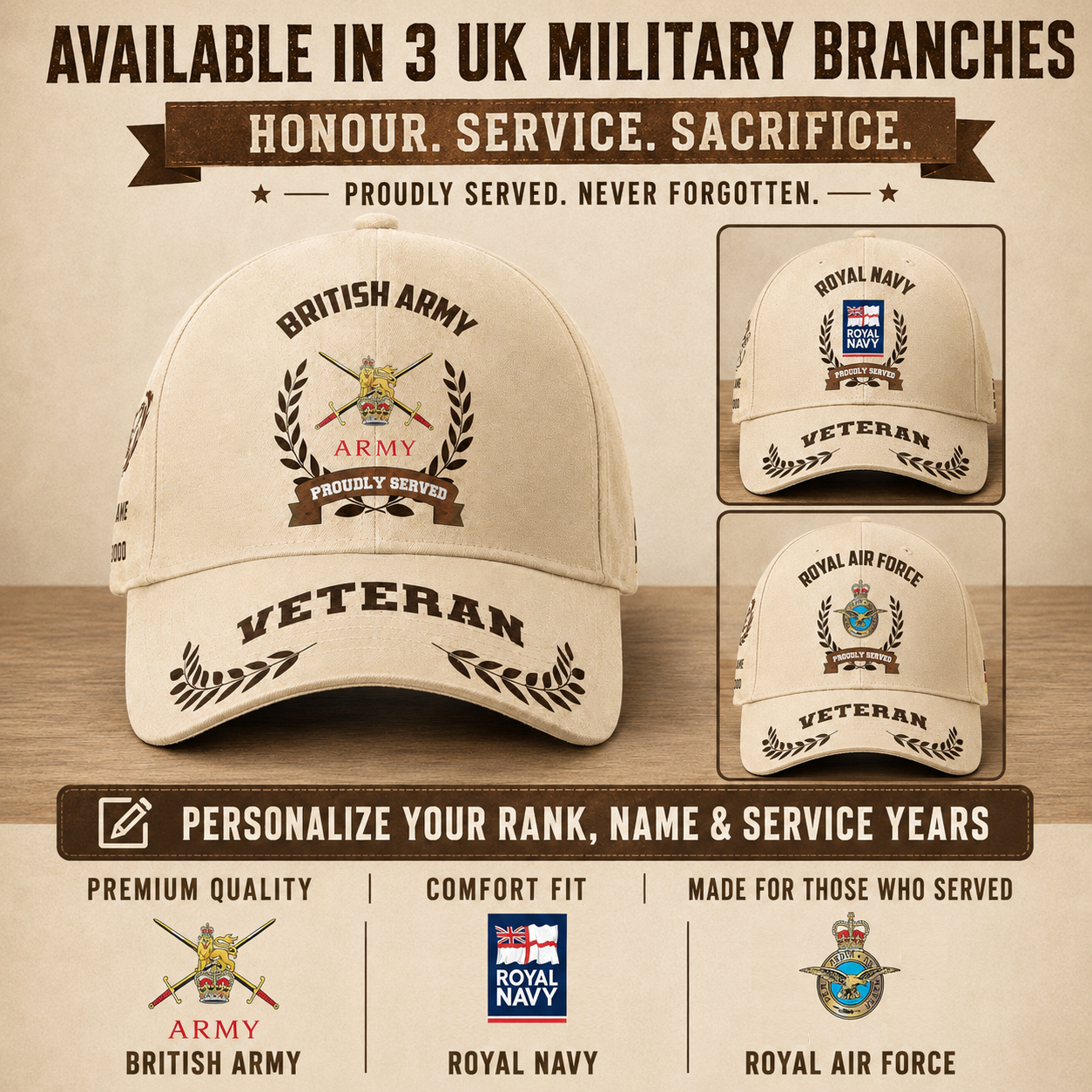 Baseballkappe für britische Soldaten/Veteranen mit personalisiertem Rang, Jahr und Namen – 1721260803