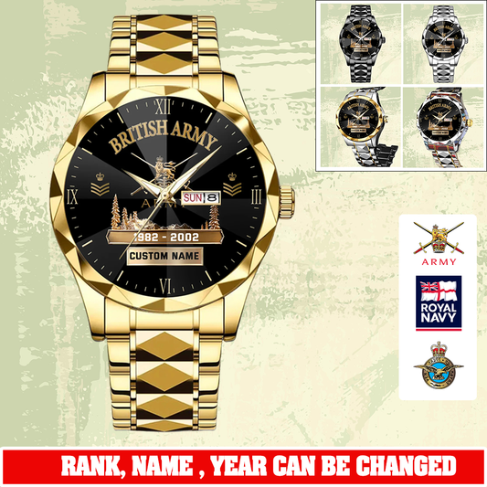 Personalized UK Soldier/ Veteran With Rank and Name, Year Gentleman Crystal Metal Watch - 17779392
