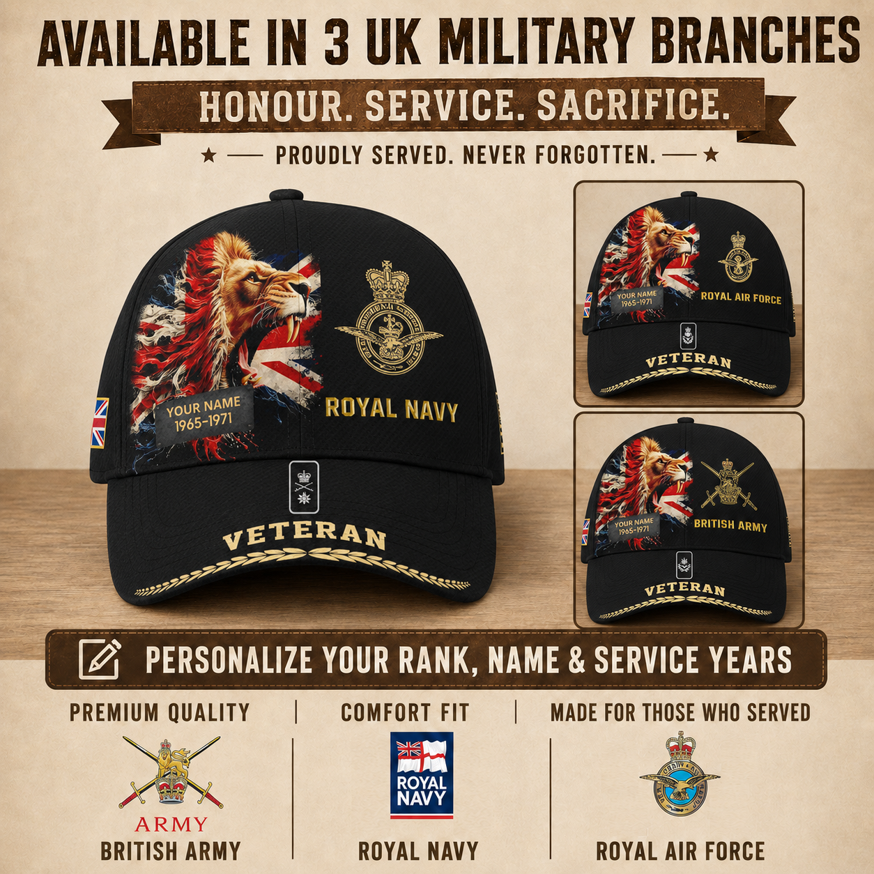 Personalized Name, Year & Rank UK Soldier/Veterans Baseball Cap - 1760054404
