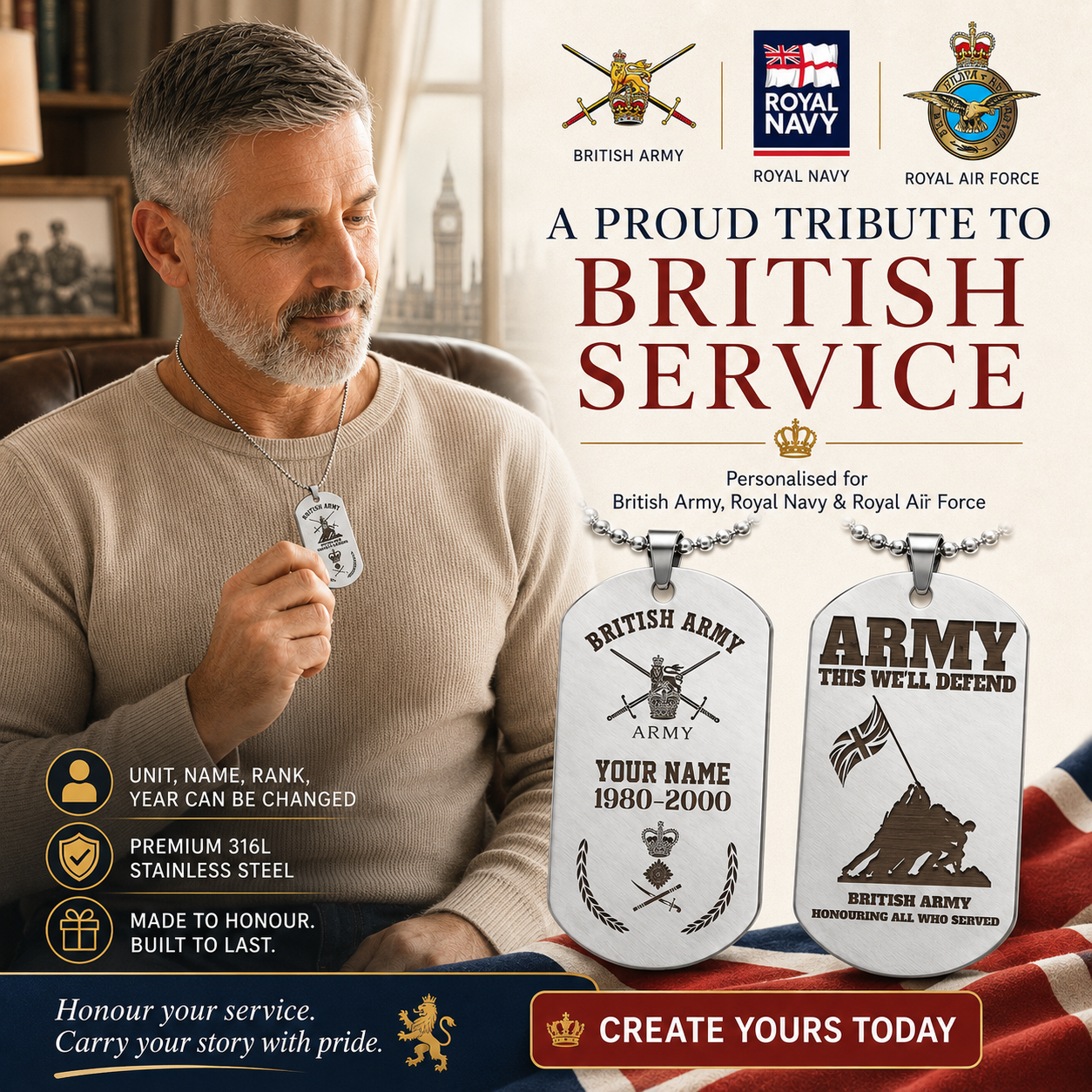 Personalized UK Soldier/Veteran with Rank, Name & Year Dog Tag Necklace - 17657568