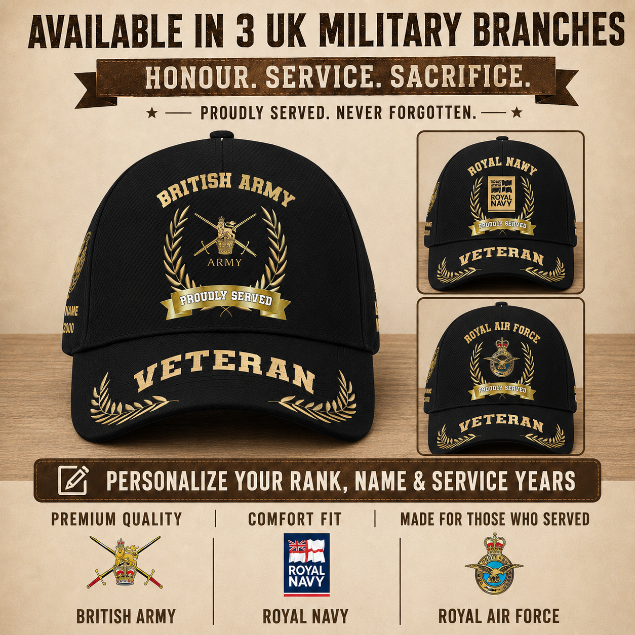 Personalized Rank, Year And Name UK Soldier/Veterans Baseball Cap - 17282592