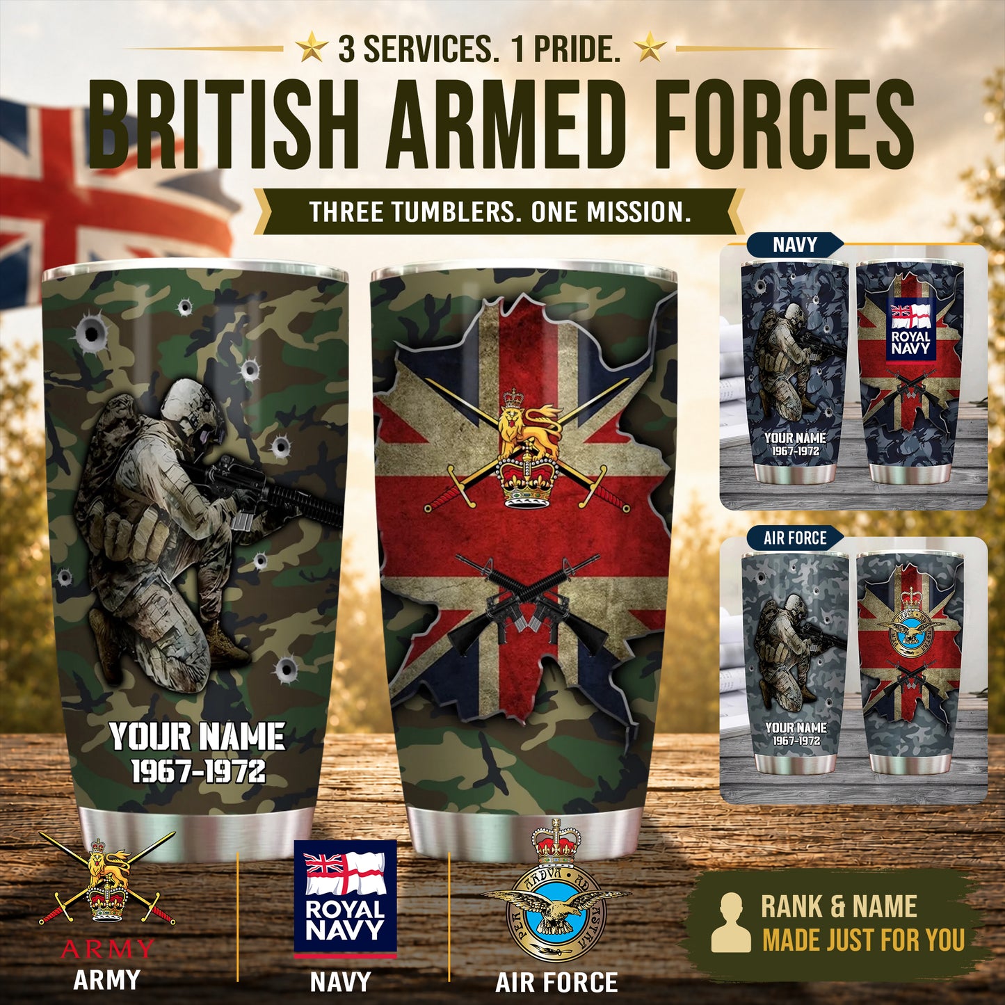 Personalized UK Veteran/ Soldier With Rank And Name Camo Tumbler - 17572896