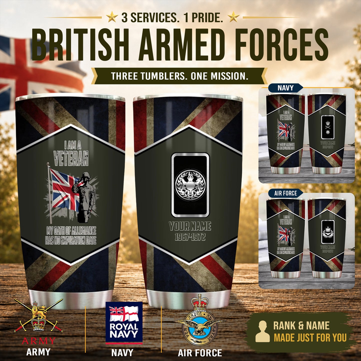 Personalized UK Veteran/ Soldier With Rank And Name Camo Tumbler - 1756166404