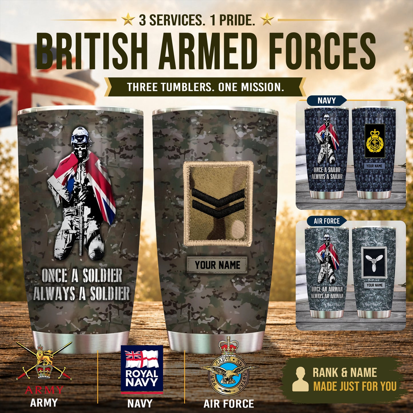 Personalized UK Veteran/ Soldier With Rank And Name Camo Tumbler - 1756166403