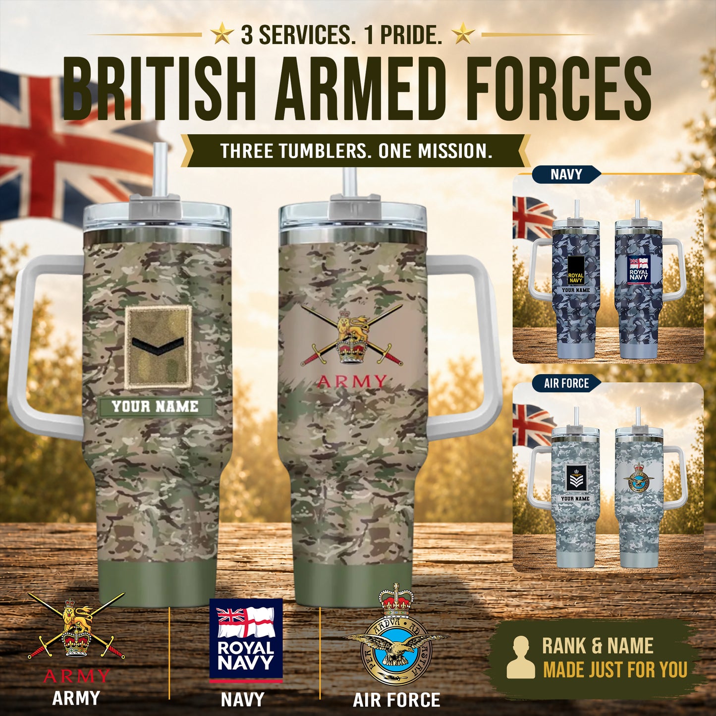 Personalisierter britischer Soldat/Veteranen-Tarnbecher mit Namen und Rang, 40 oz, 3D-Druck – 2401240001