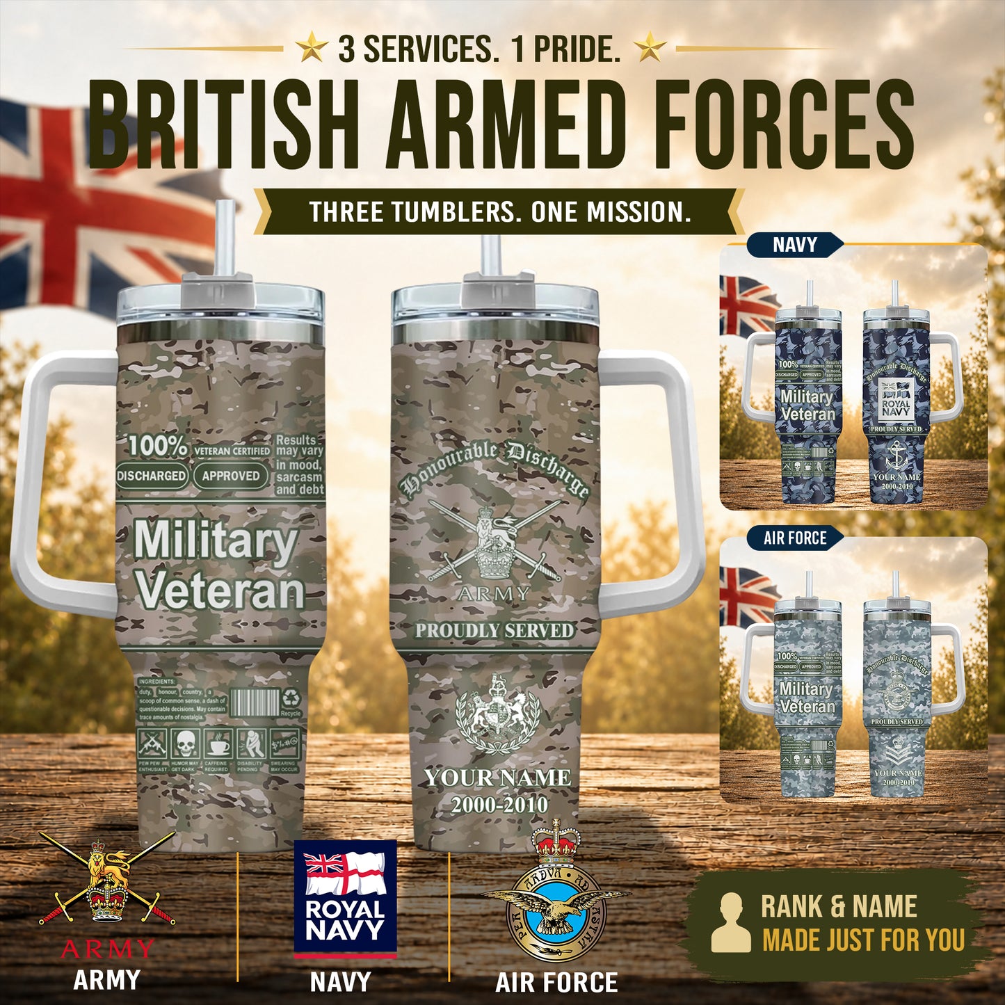 Personalized UK Veteran/ Soldier With Rank, Year And Name Camo Tumbler - 17745696