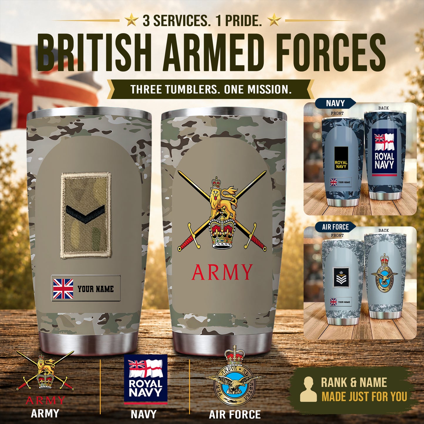 Personalisierter britischer Veteran/Soldat mit Rang und Namen, Camouflage-Becher, komplett bedruckt, 0202240001