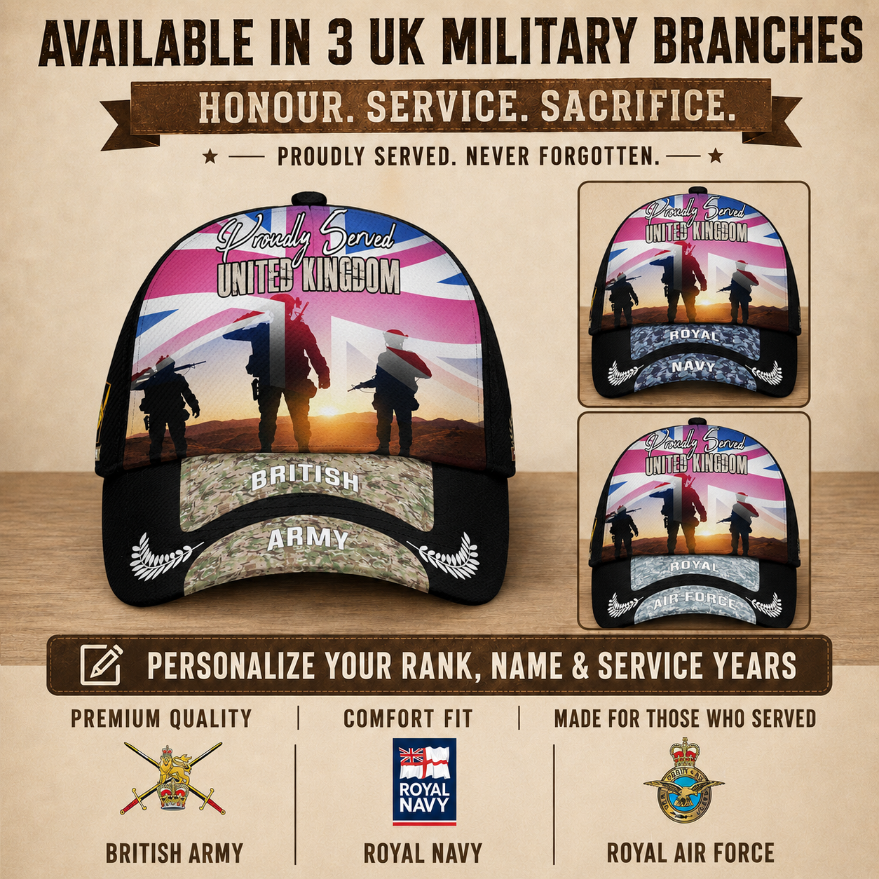 Personalized Rank And Name UK Soldier/Veterans Baseball Cap - 17680032