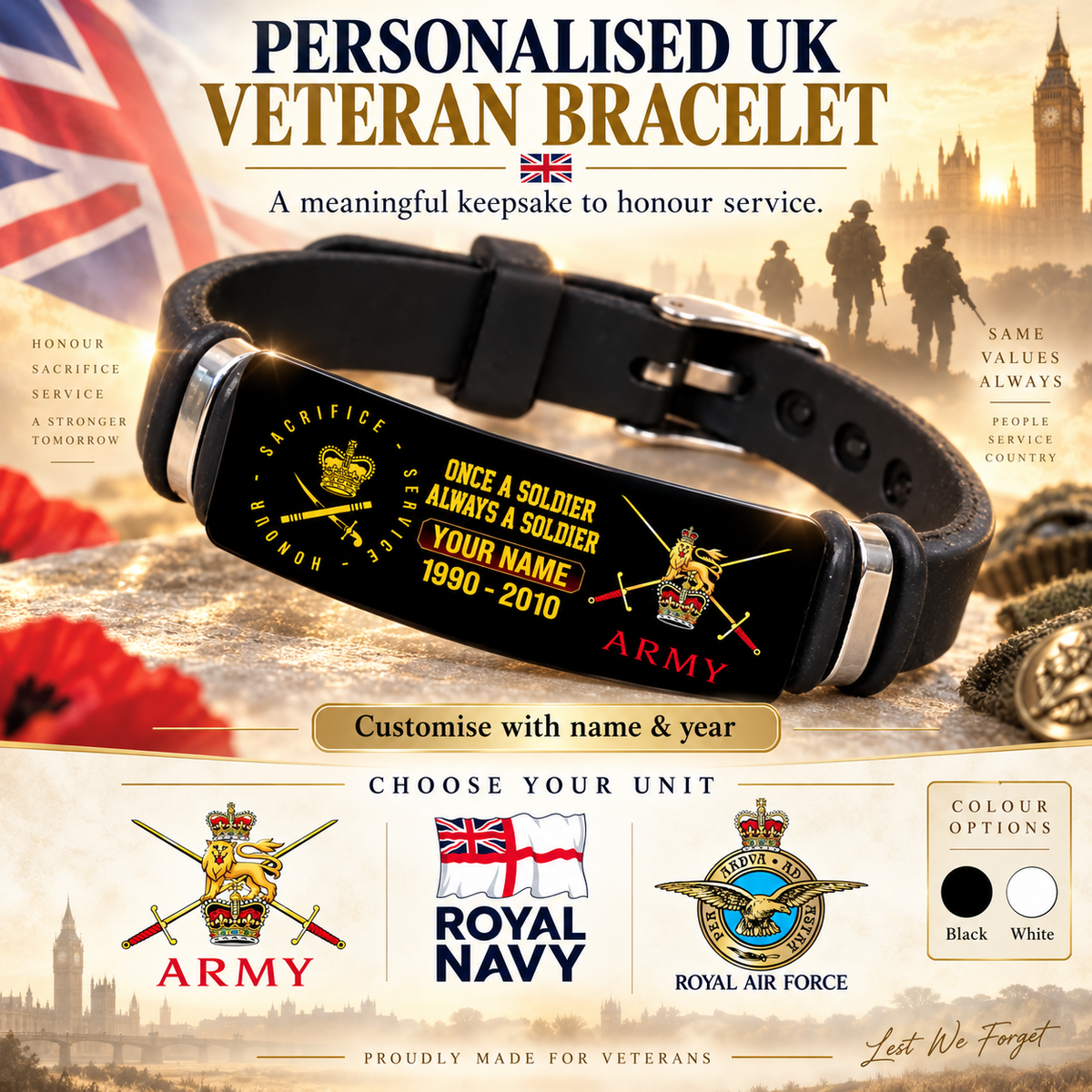Personalized UK Soldier/ Veteran With Rank, Name And Year Bracelet - 17452800