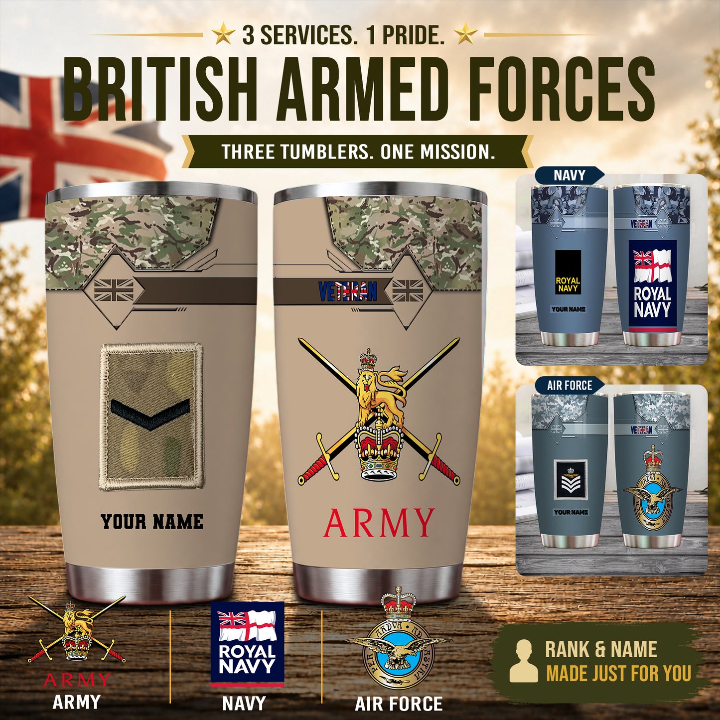 Verre à vin personnalisé avec motif camouflage pour vétéran/soldat du Royaume-Uni, avec rang et nom, imprimé sur toute la surface 0202240001