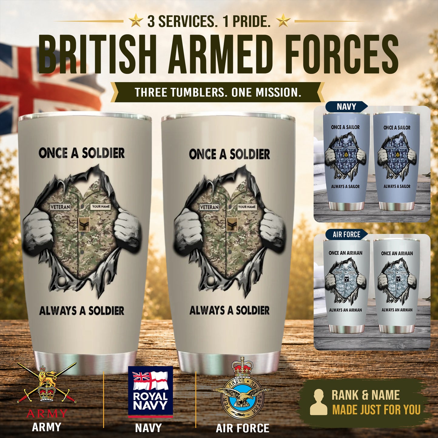 Personalisierter britischer Veteran/Soldat mit Rang, Namensbecher – 17220384