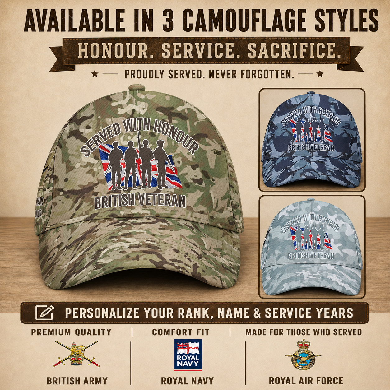Personalized Rank, Year And Name UK Soldier/Veterans Baseball Cap - 17676576