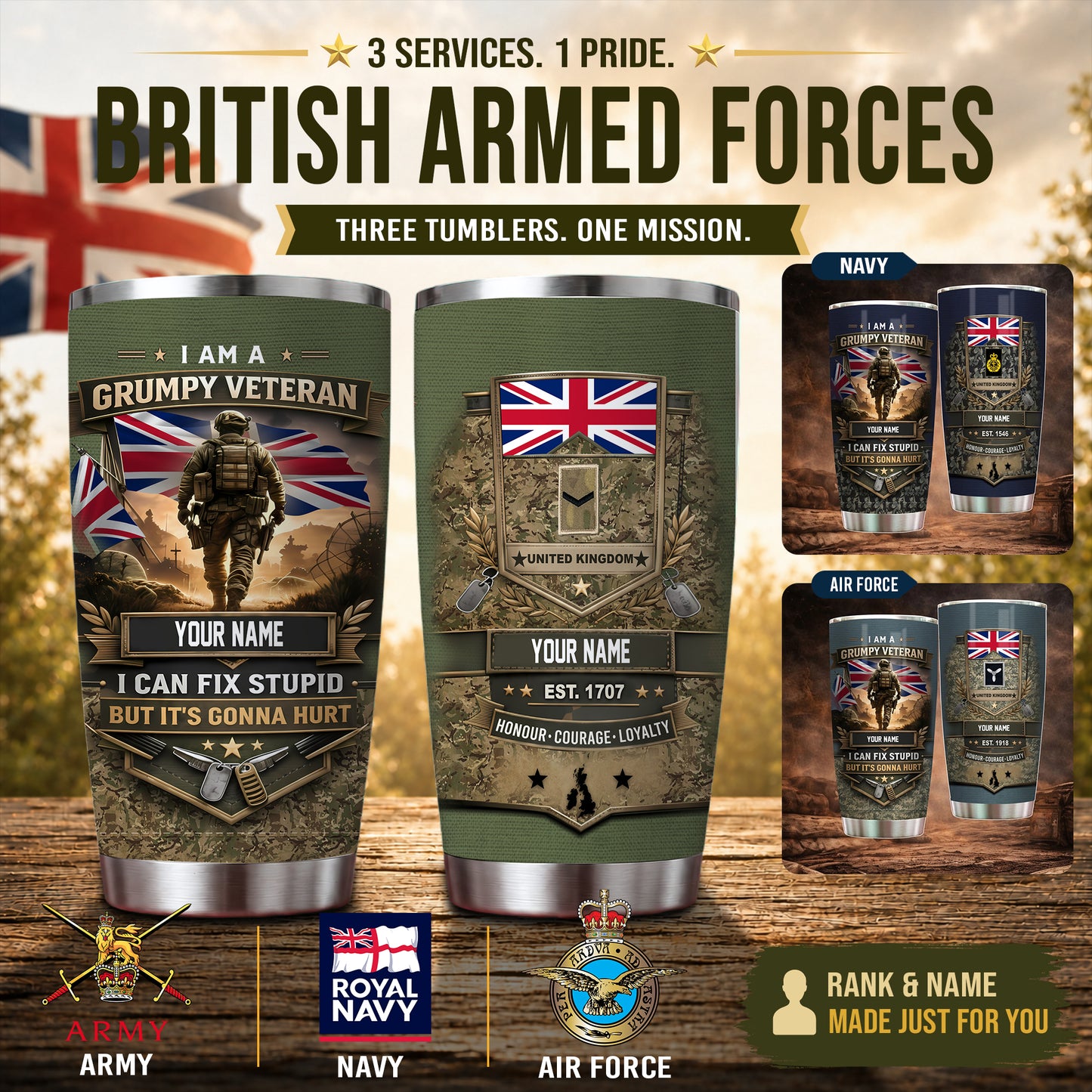 Personalized UK Veteran/ Soldier With Rank And Name Camo Tumbler - 17731872