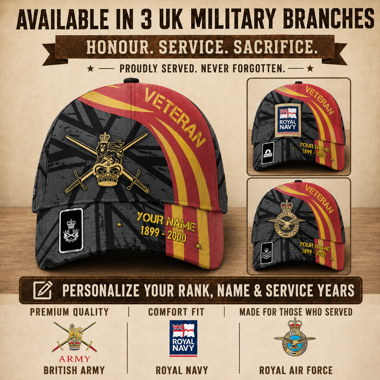 Personalized Name, Year & Rank UK Soldier/Veterans Baseball Cap - 1760054402