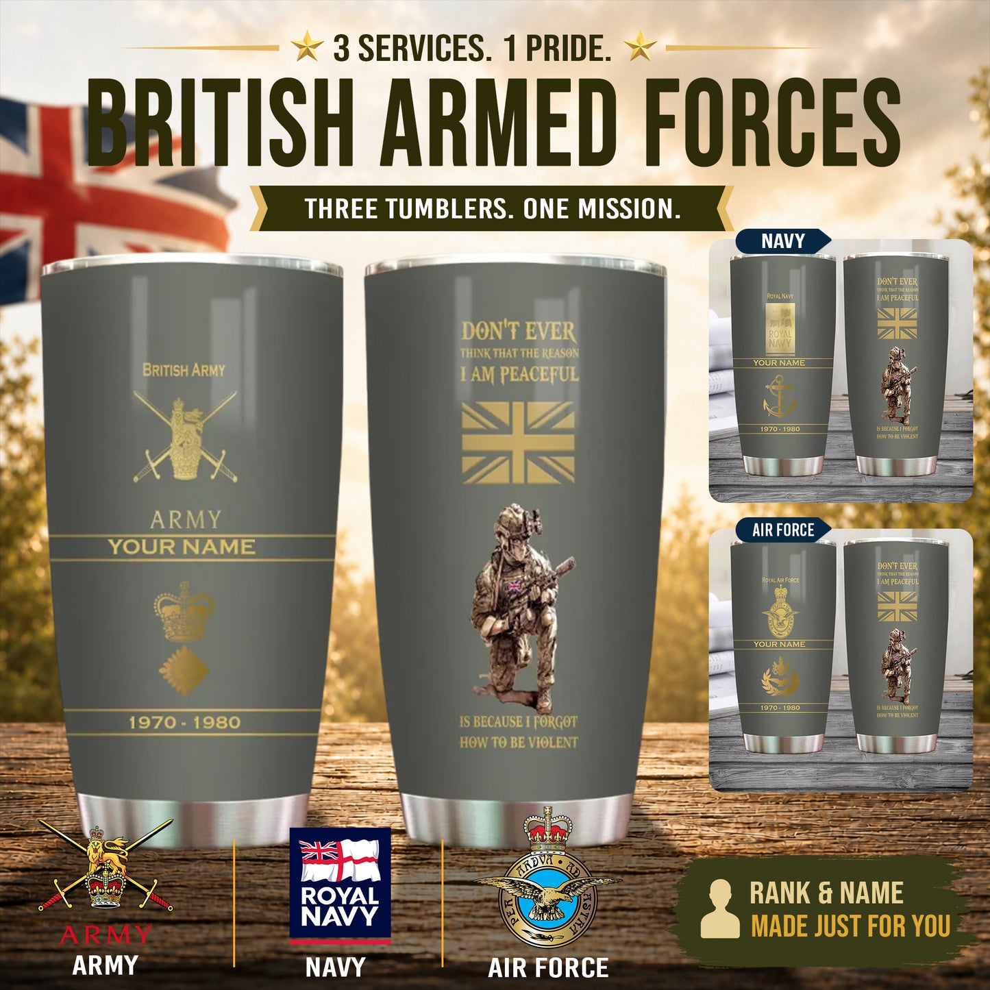Personalisierter Becher mit Aufschrift „UK Veteran/Soldat“ mit Rang, Jahr und Namen – 11062401QA