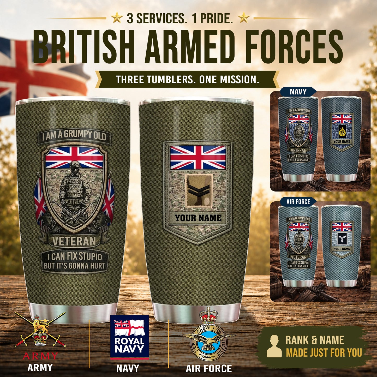 Personalized UK Veteran/ Soldier With Rank And Name Camo Tumbler - 17727552