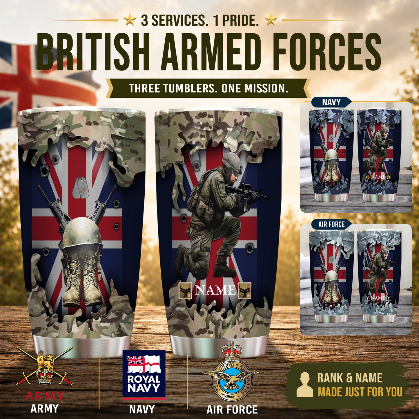 Personalized UK Veteran/ Soldier With Rank And Name Camo Tumbler - 1761264001
