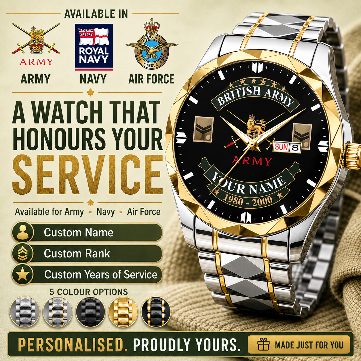 Personalized UK Soldier/Veteran with Name and Rank Diamond-Cut Bezel Watch - 1761350401
