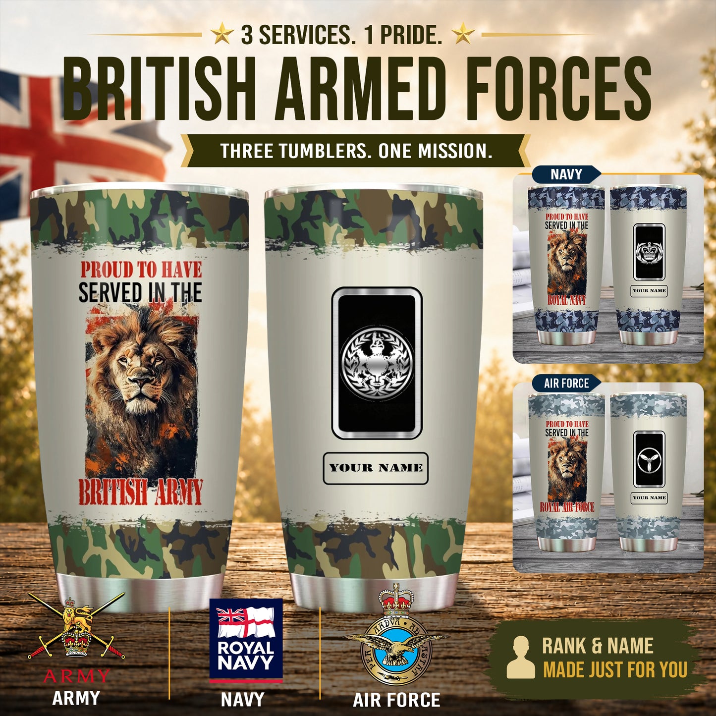 Personalized UK Veteran/ Soldier With Rank And Name Camo Tumbler - 1757289604