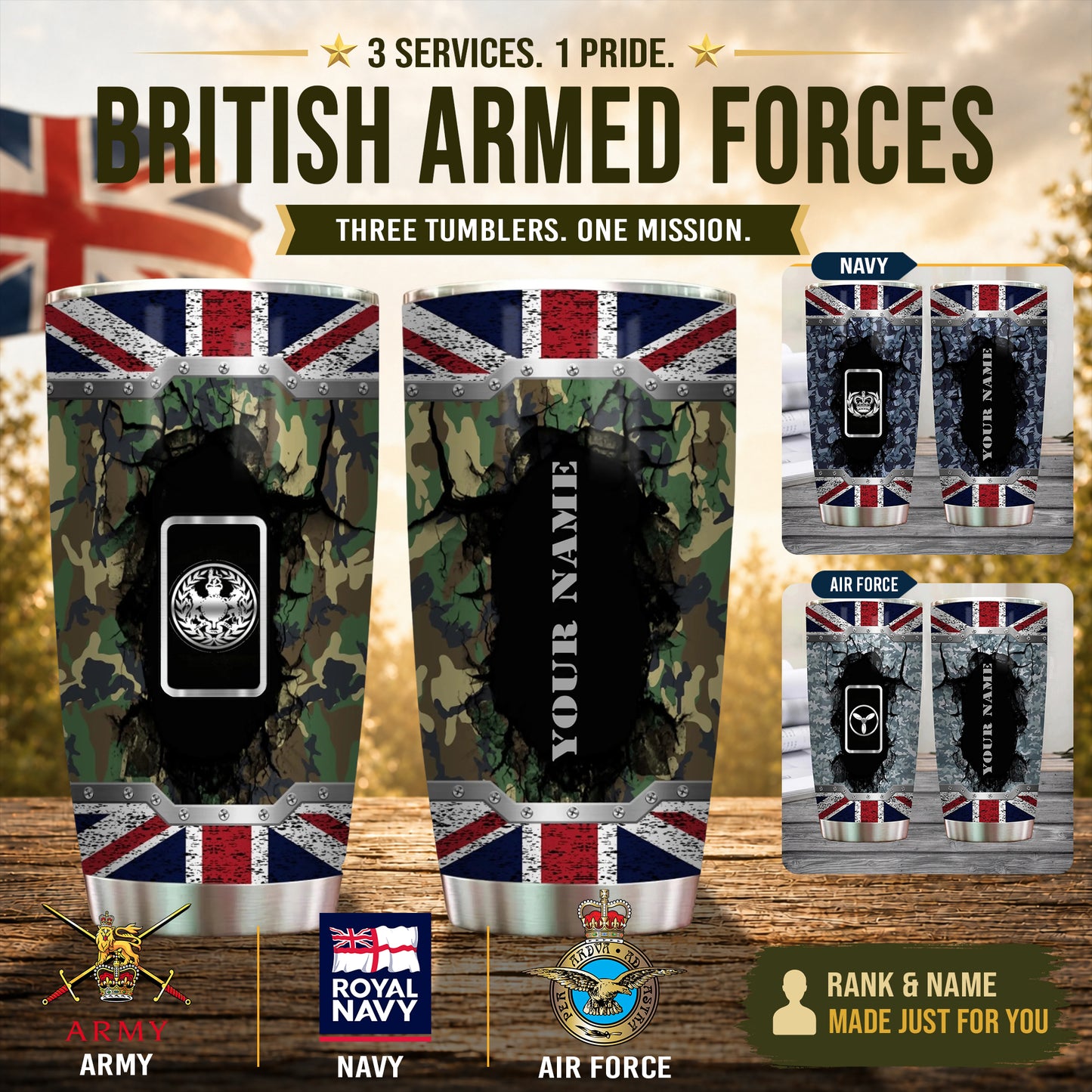 Personalized UK Veteran/ Soldier With Rank And Name Camo Tumbler - 1757289603