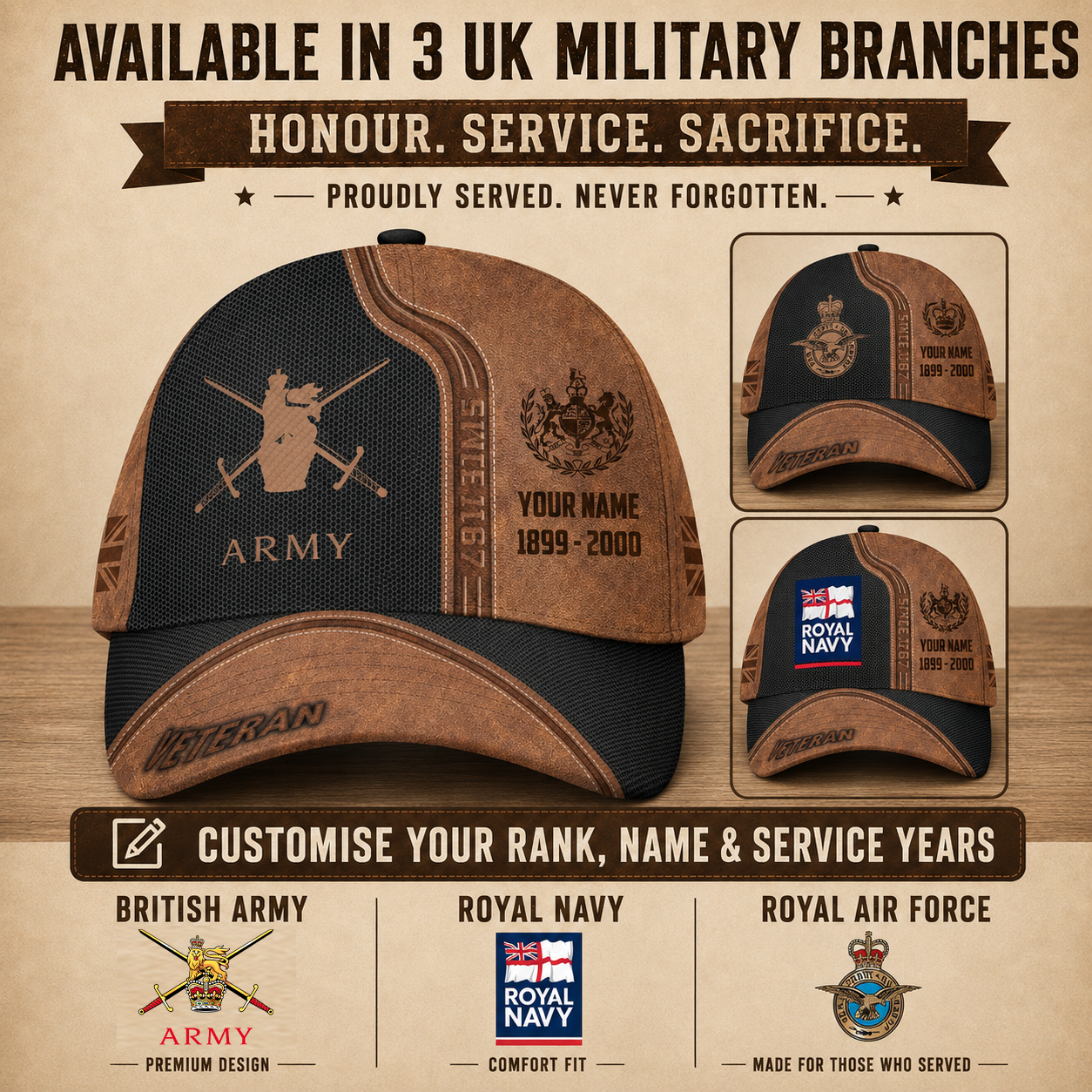 Personalized Rank, Year And Name UK Soldier/Veterans Baseball Cap - 17376768