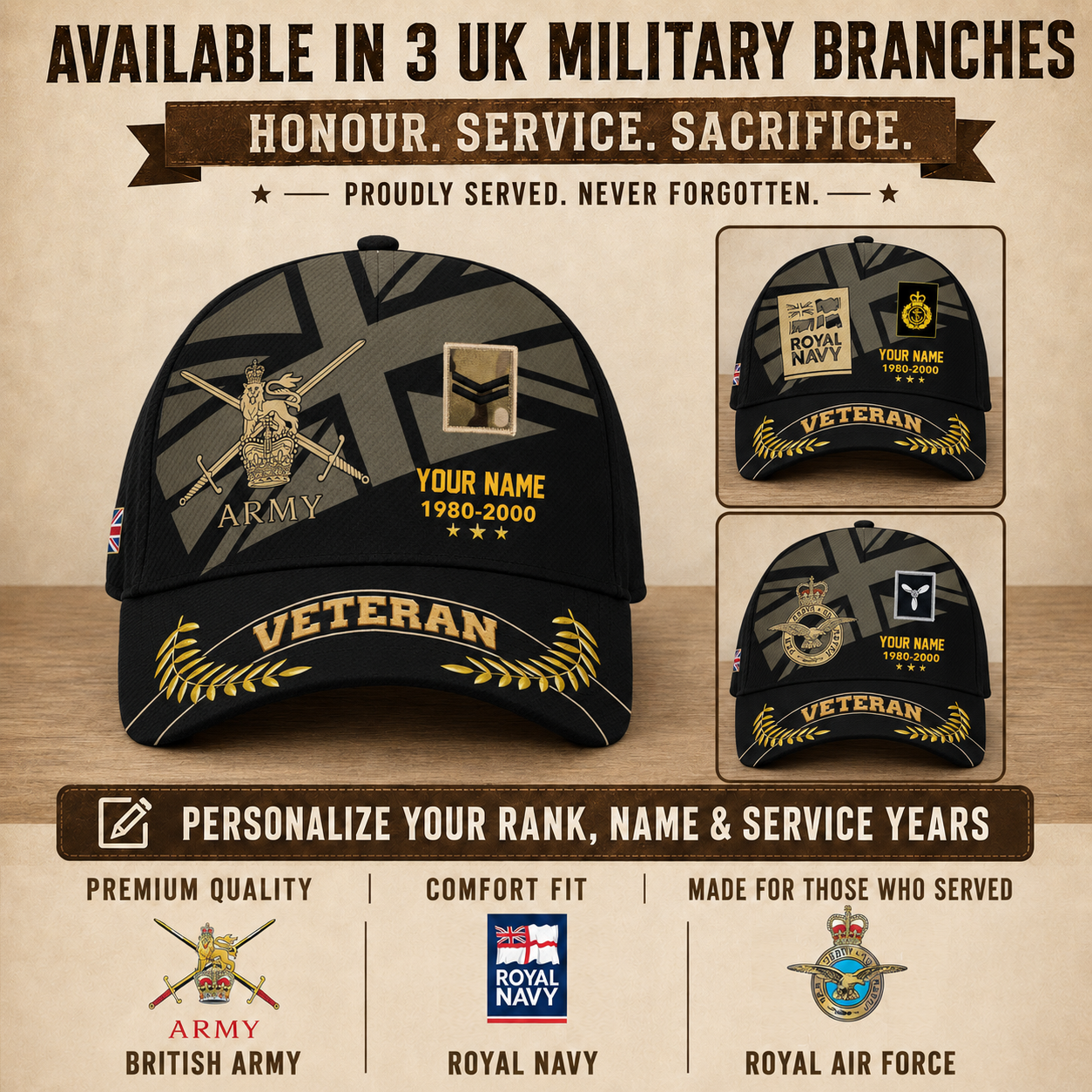 Personalized Name Year & Rank UK Soldier/Veterans Baseball Cap - 1759968004