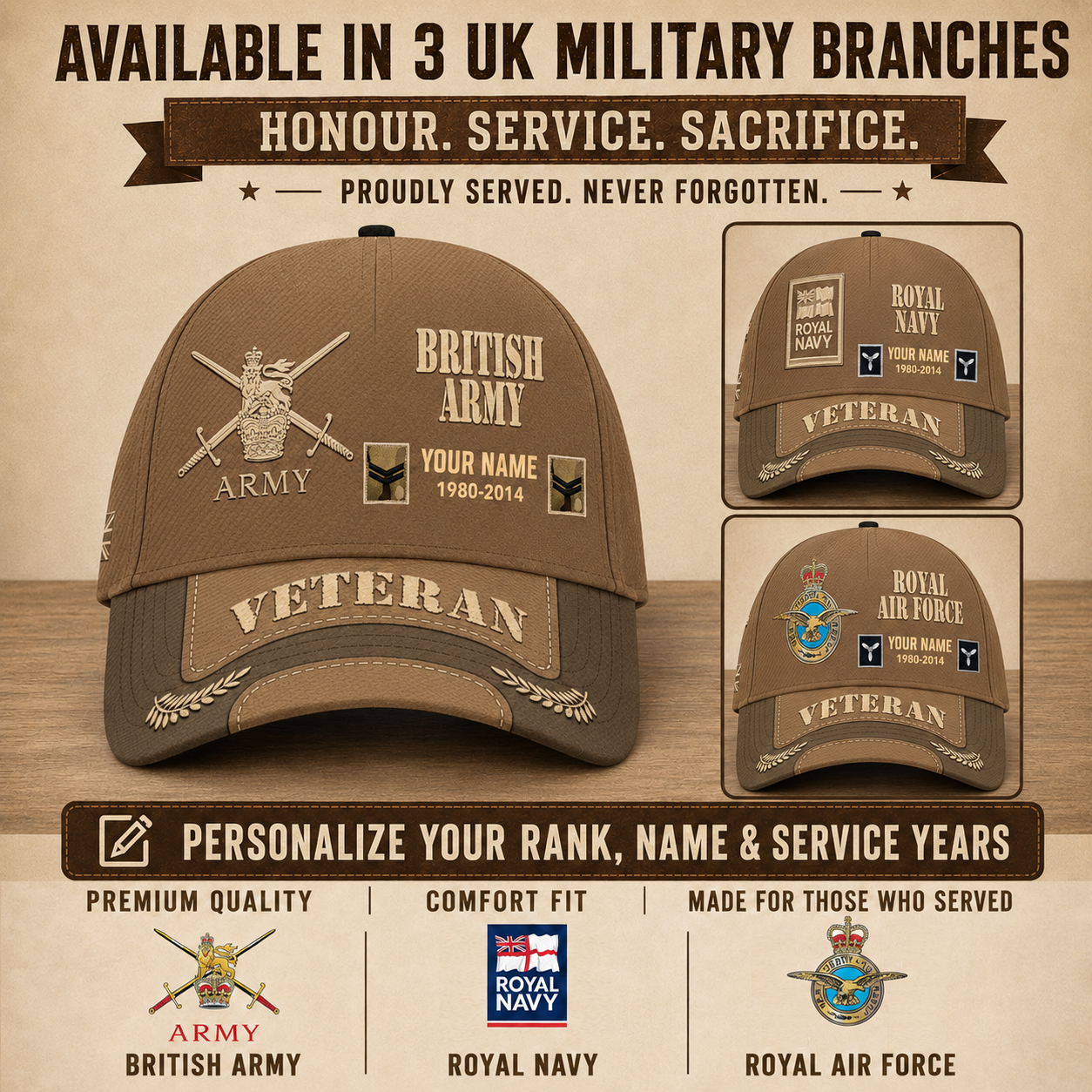 Personalized Name Year & Rank UK Soldier/Veterans Baseball Cap - 1760054401